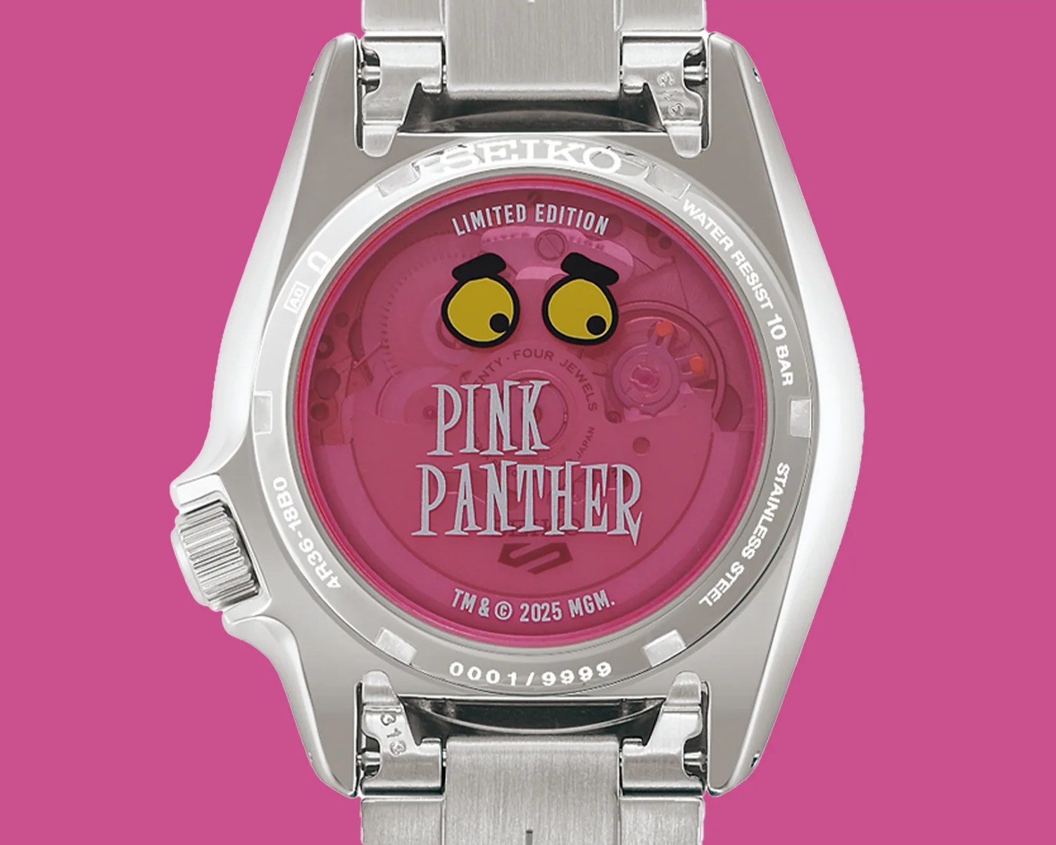 Back of a limited edition Seiko watch with a pink transparent case back featuring Pink Panther eyes and logo.