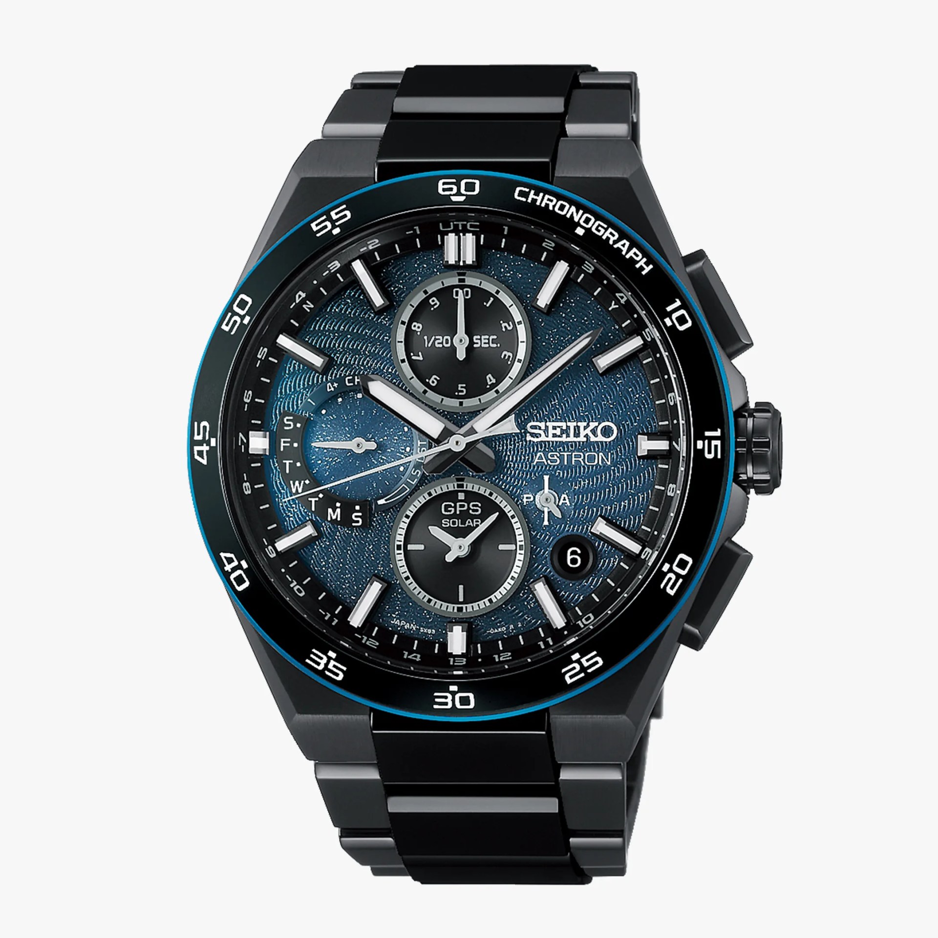 Black and blue Seiko Astron GPS Solar chronograph watch with textured dial and metal bracelet.