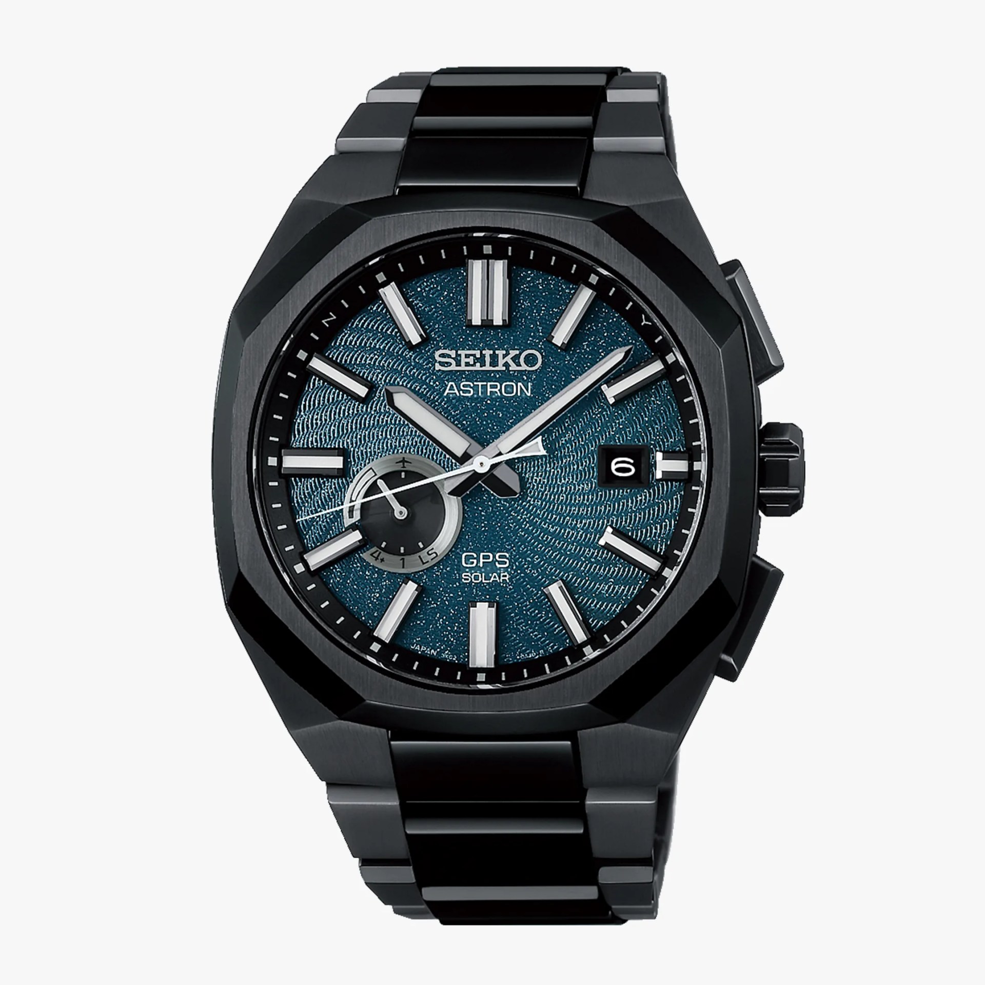 Black Seiko Astron GPS Solar watch with textured blue dial and date display at 3 o'clock.