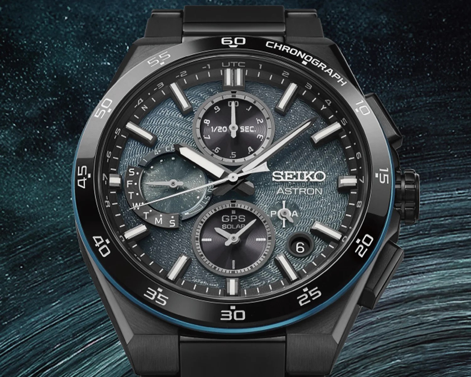 Black Seiko Astron GPS Solar chronograph watch with textured blue dial and multiple subdials.
