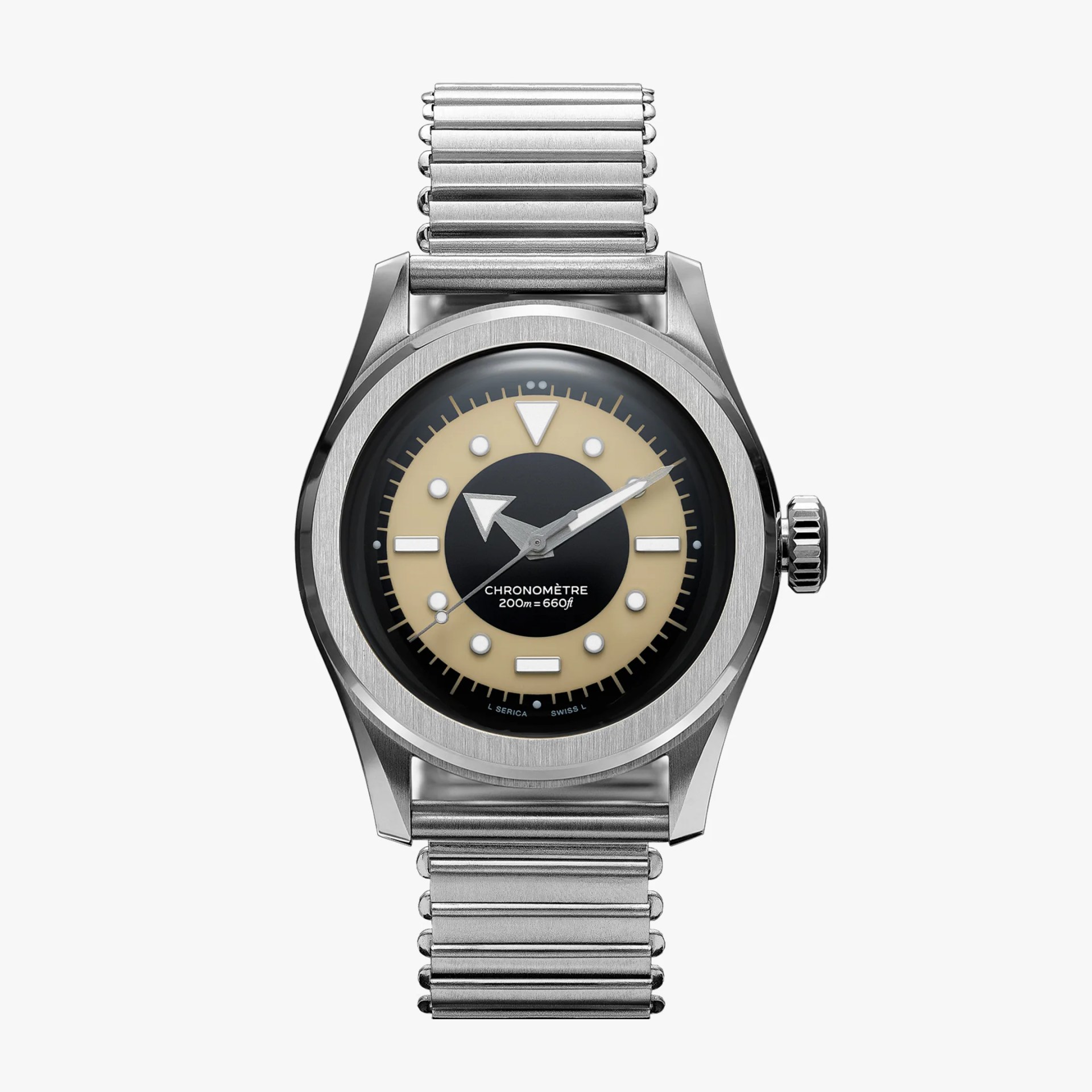 Stainless steel wristwatch with black and beige dial, large arrow hour hand, and expandable metal bracelet.