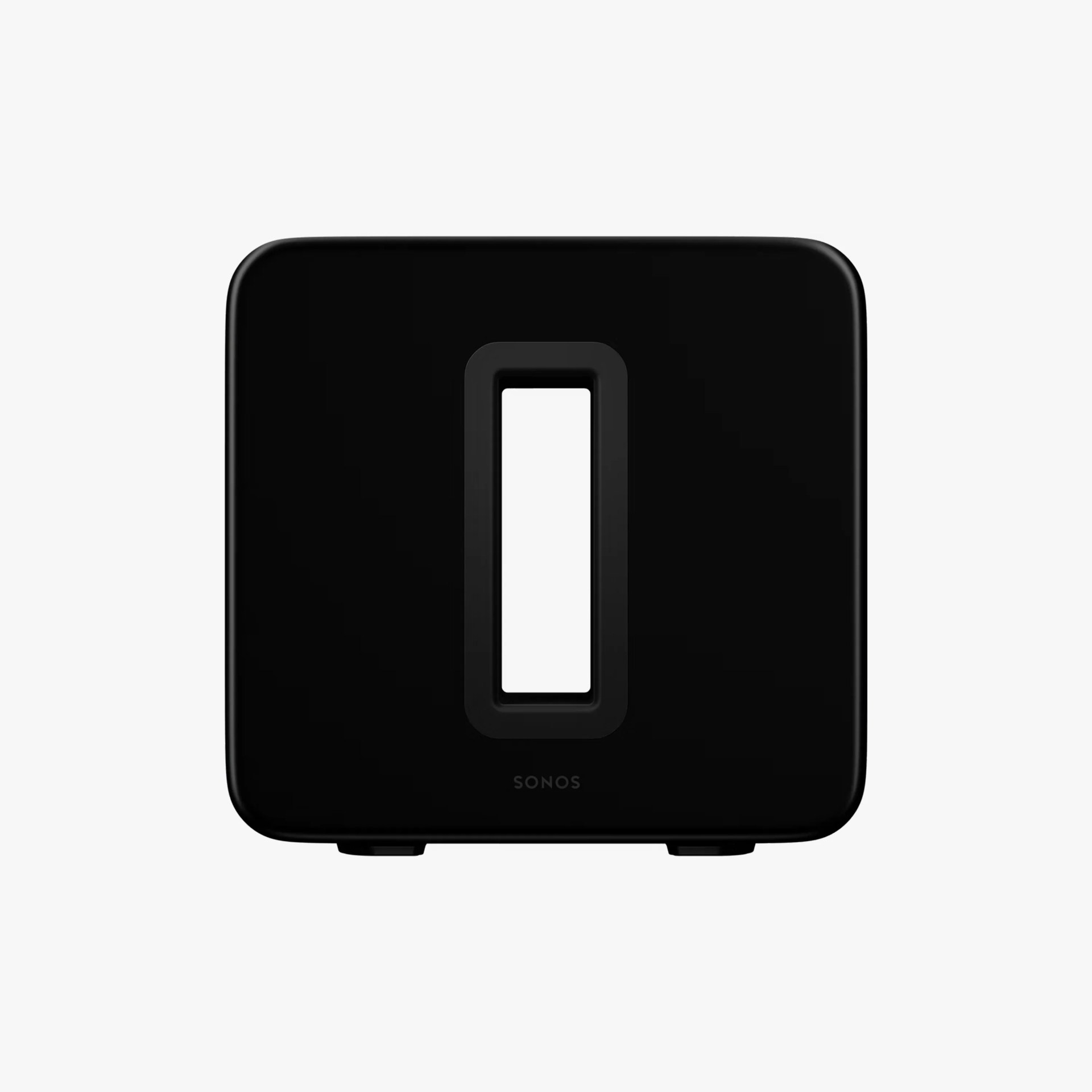 Black Sonos subwoofer speaker with rectangular cutout in the center on a white background.