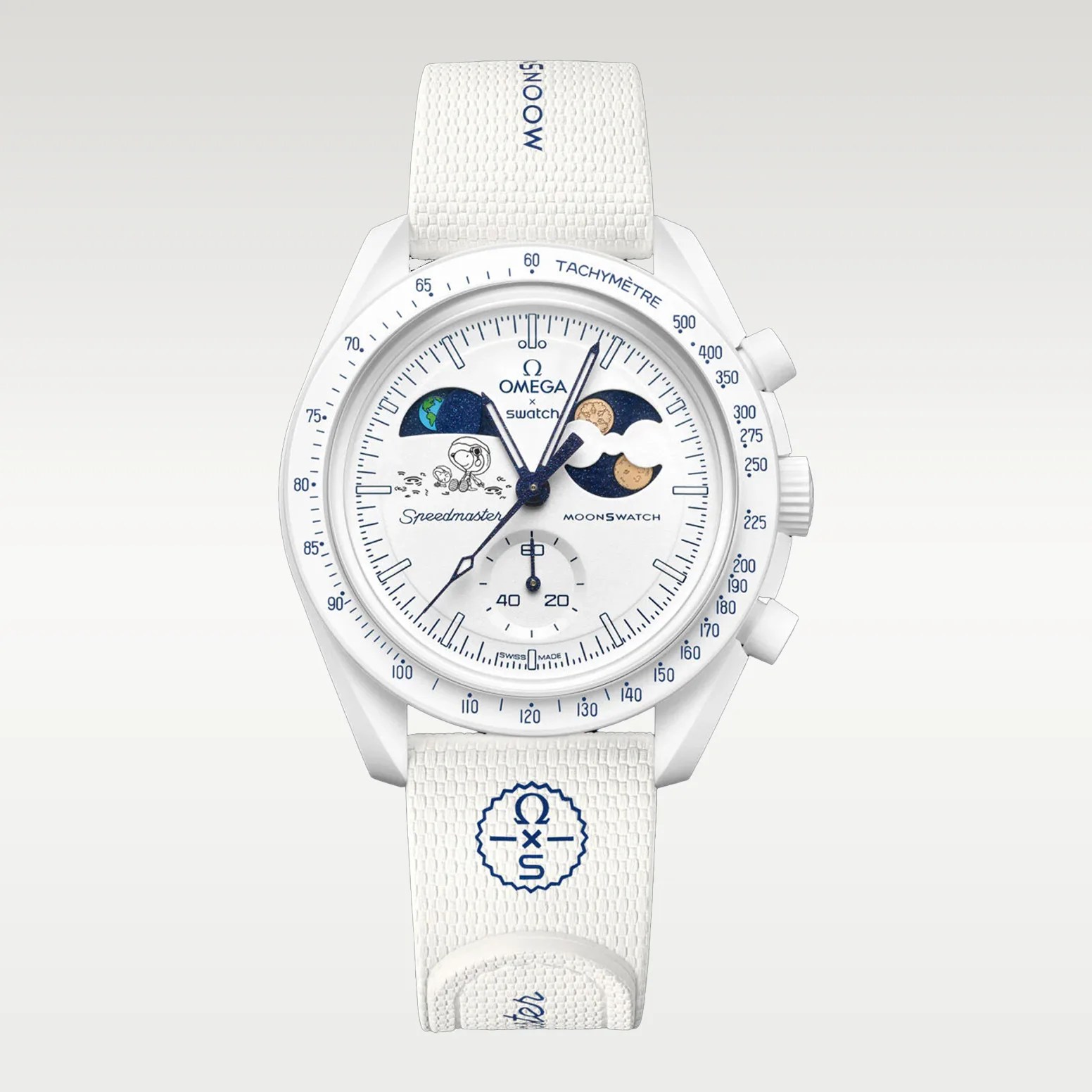 White Omega x Swatch Speedmaster MoonSwatch with blue and beige moon phase details and white textured strap.