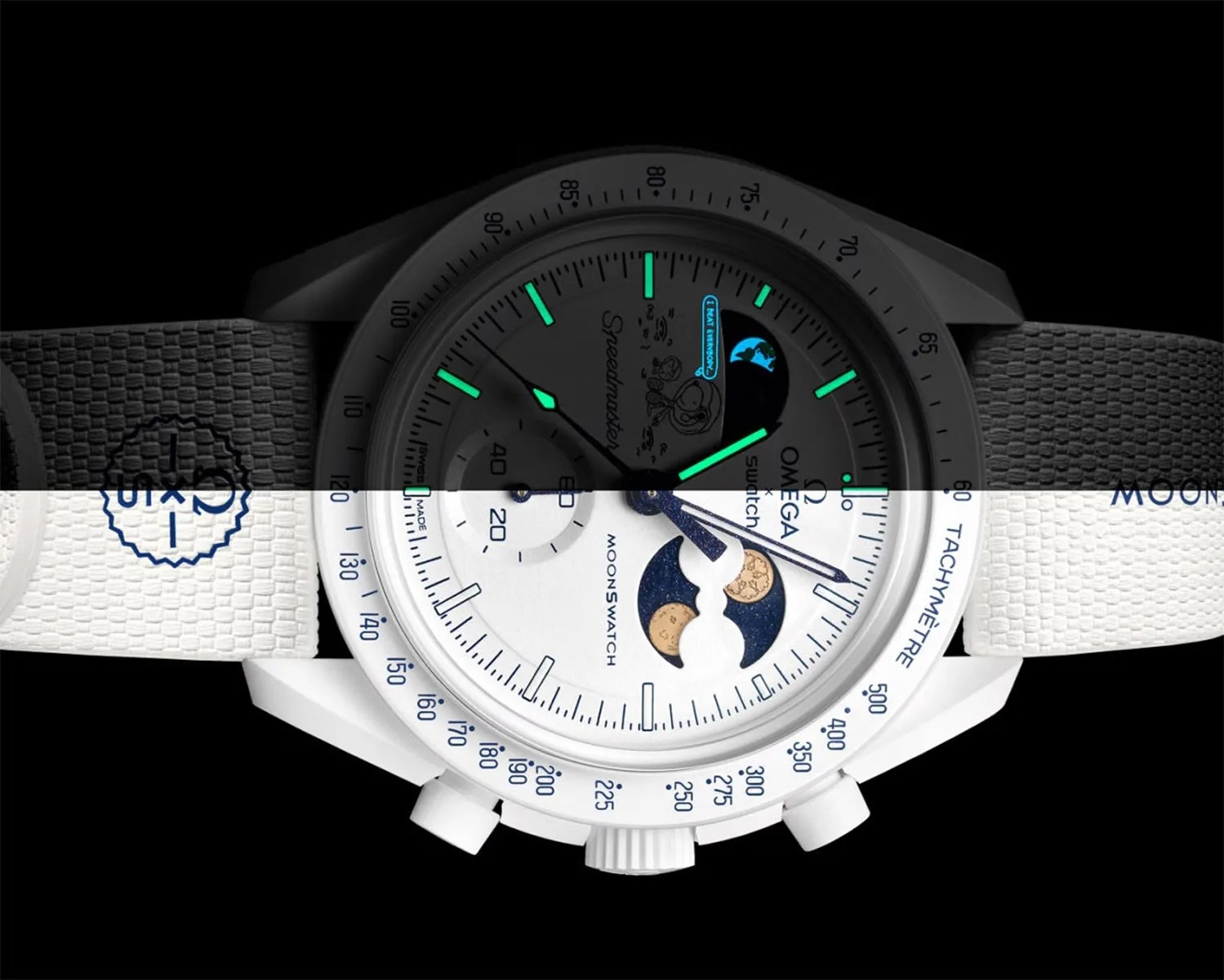 White Omega x Swatch Speedmaster MoonSwatch with textured white strap and luminous green hands on black background.