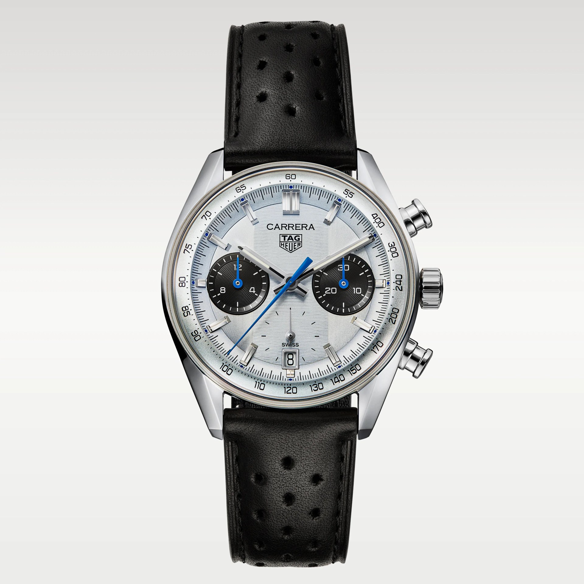 Silver TAG Heuer Carrera chronograph watch with black perforated leather strap and blue accents on hands.