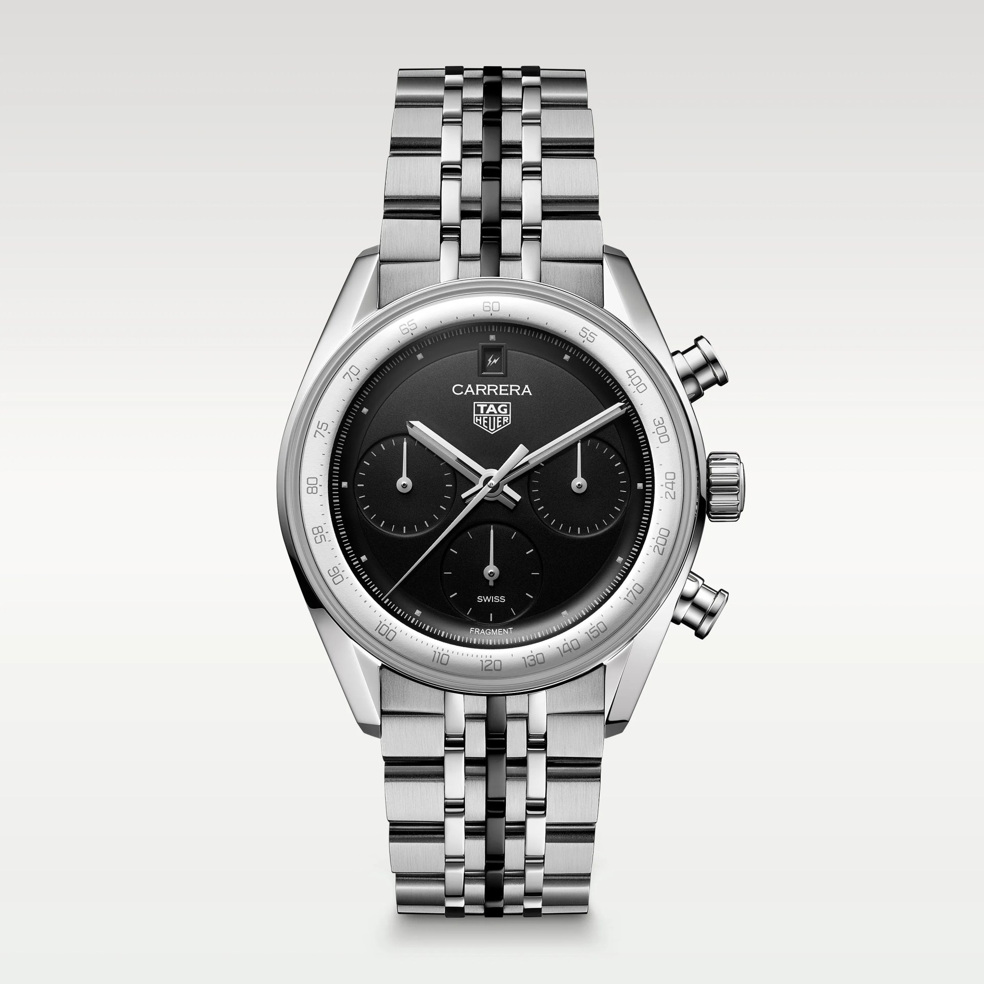 Silver TAG Heuer Carrera chronograph watch with black dial and multi-link metal bracelet.