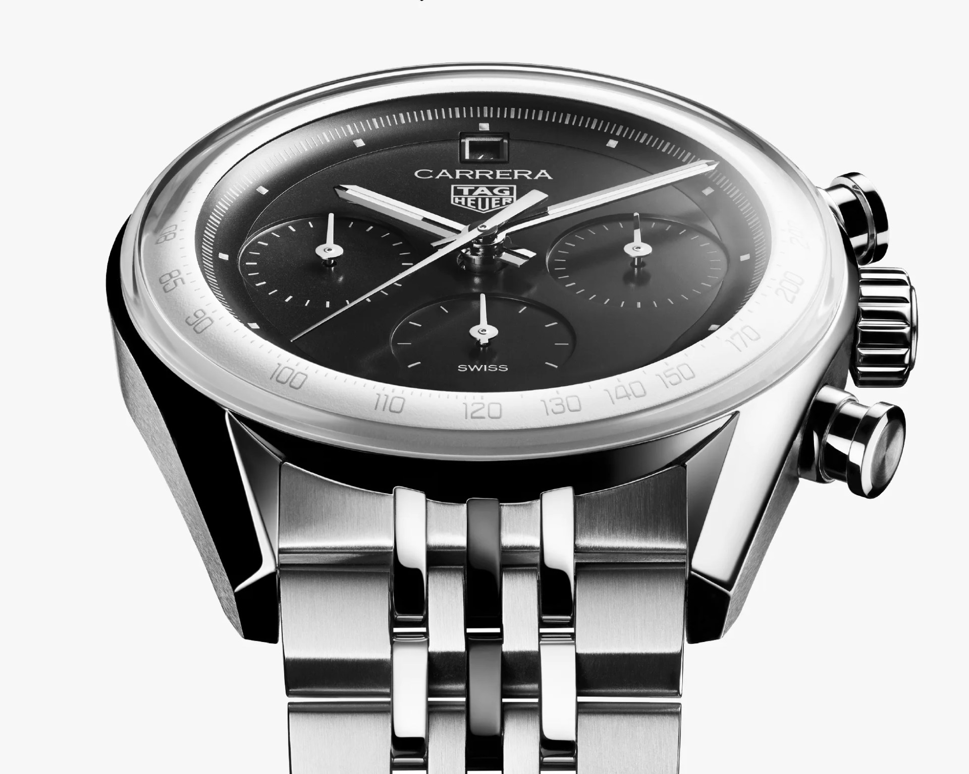 Close-up of a TAG Heuer Carrera stainless steel chronograph watch with black dial and three subdials.