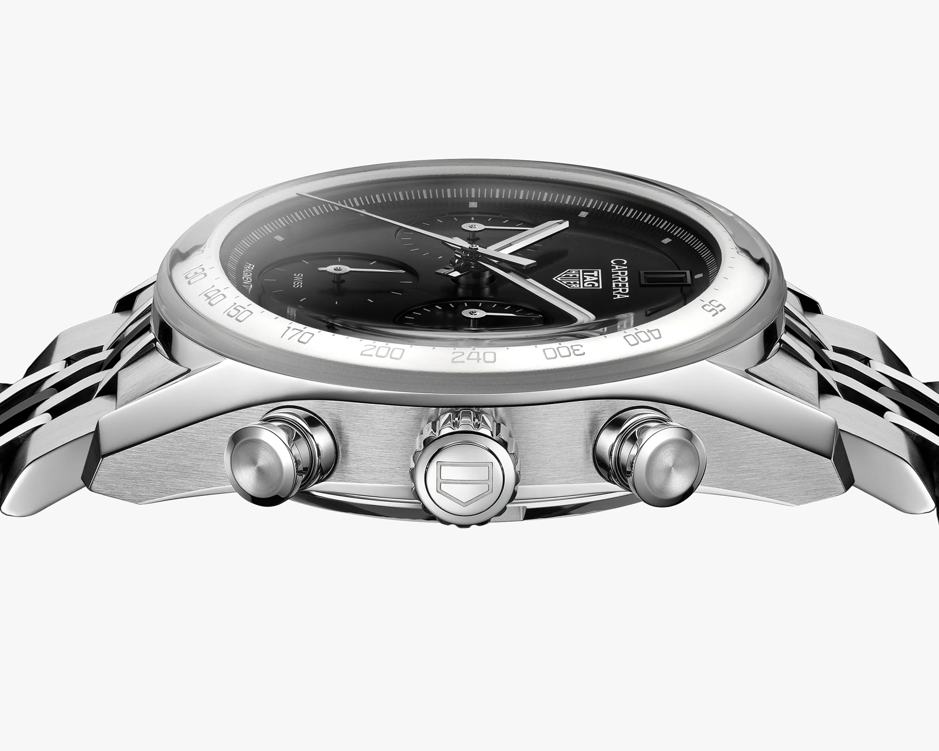 Silver TAG Heuer Carrera chronograph watch with black dial and stainless steel bracelet, side view showing pushers and crown.