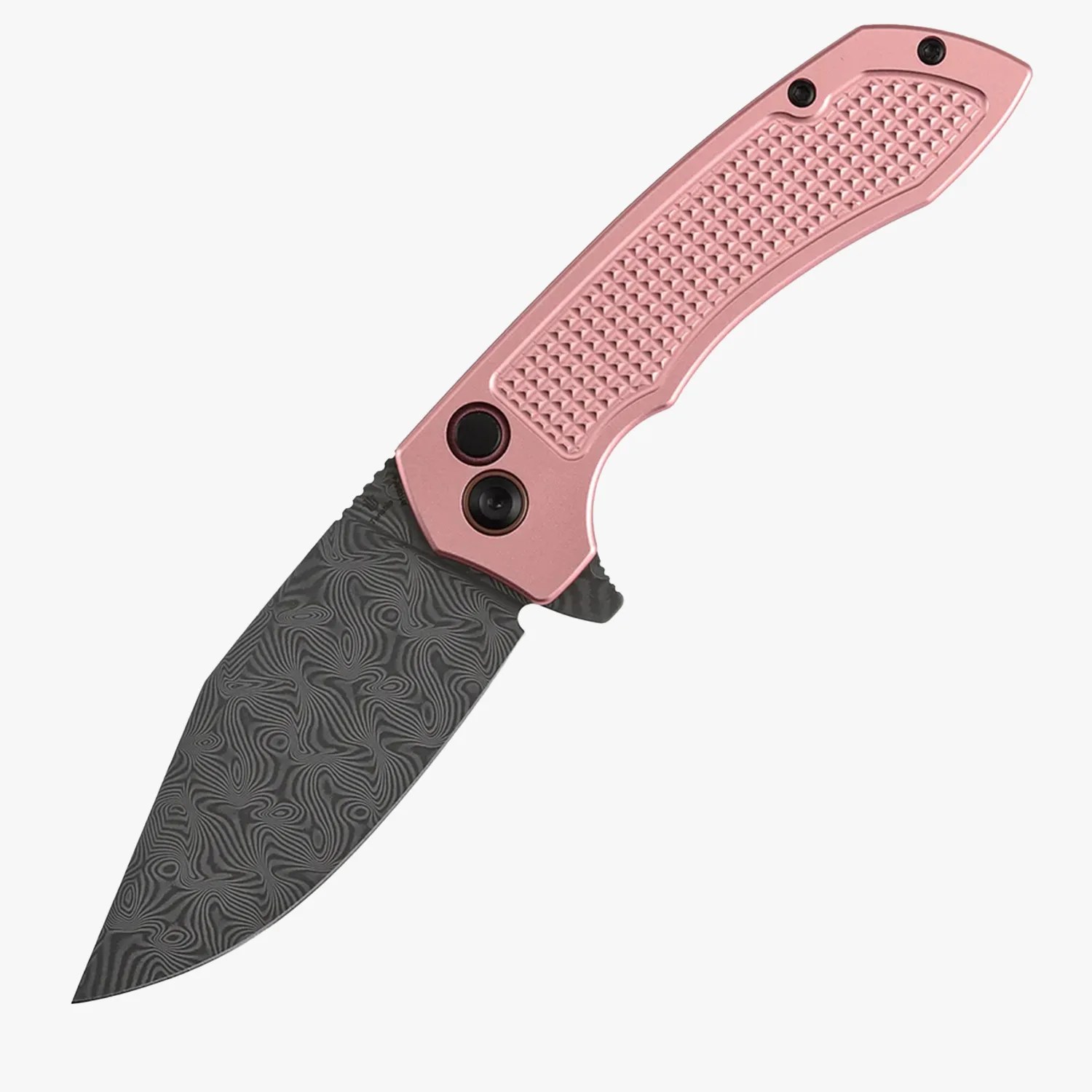 Folding knife with a patterned dark blade and a textured pink handle.