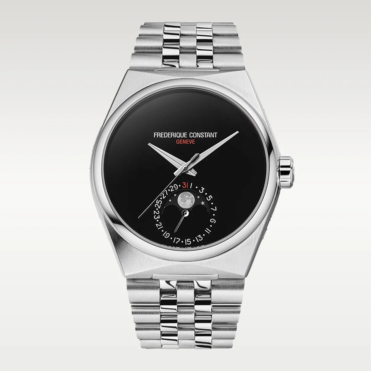 Silver stainless steel wristwatch with black dial, moon phase indicator, and date markings on a metal bracelet.