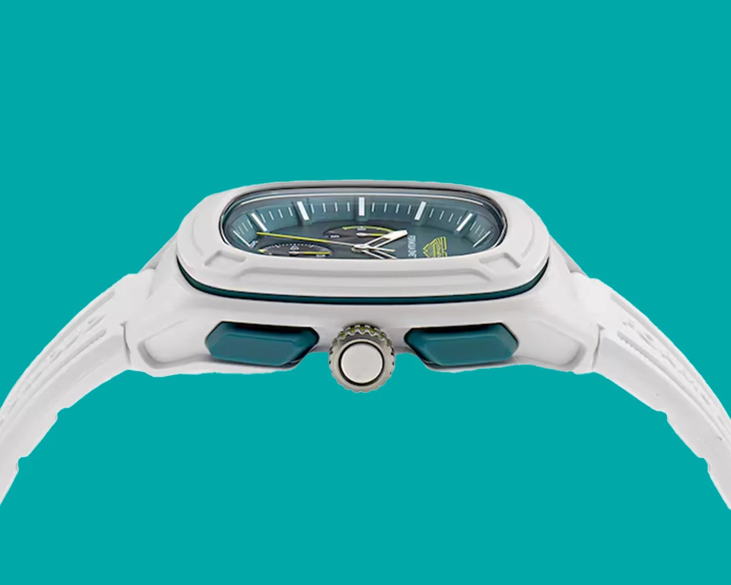 Side view of a white wristwatch with a rectangular blue dial and two blue buttons on the side.