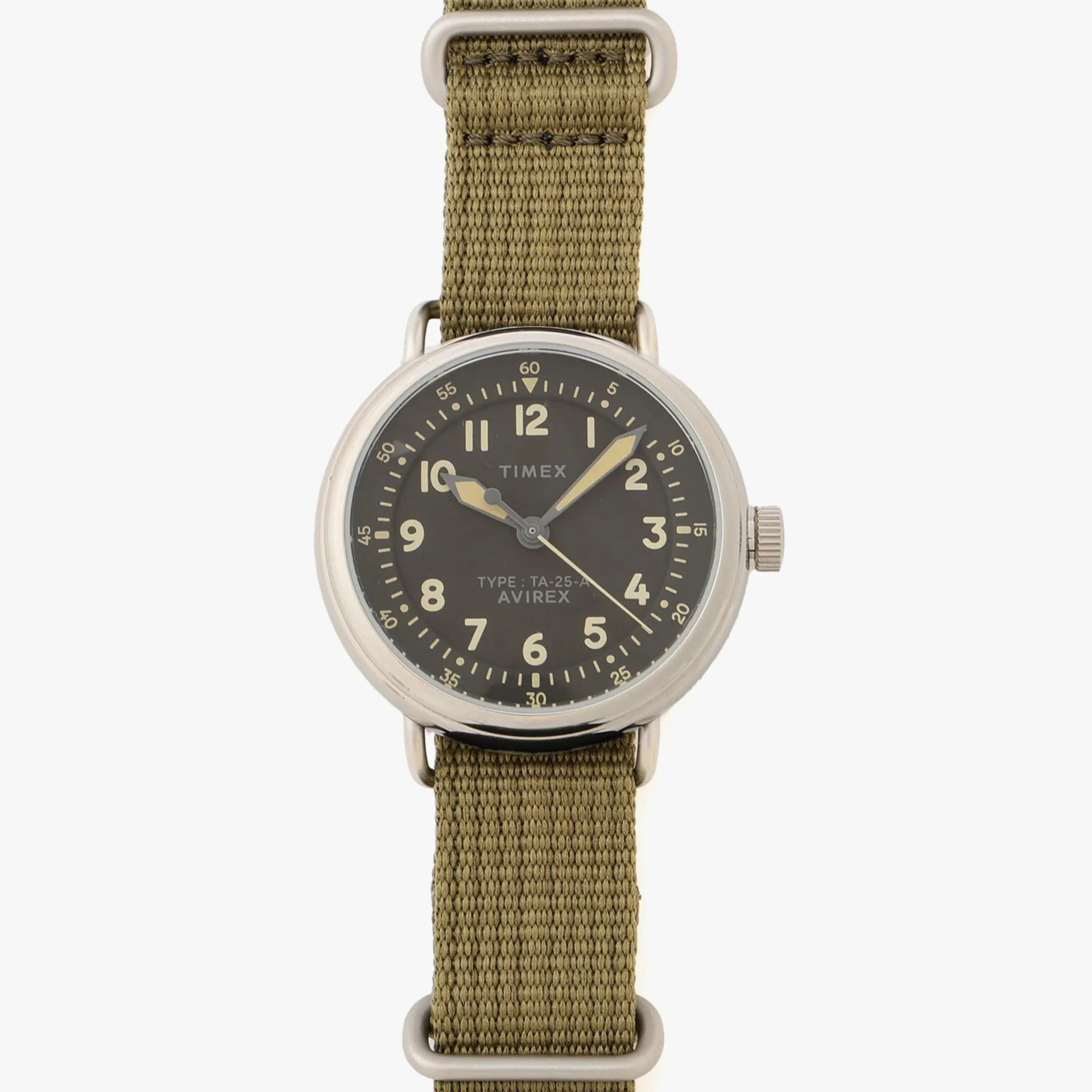 Round silver Timex wristwatch with black dial, beige numerals, and olive green fabric strap.