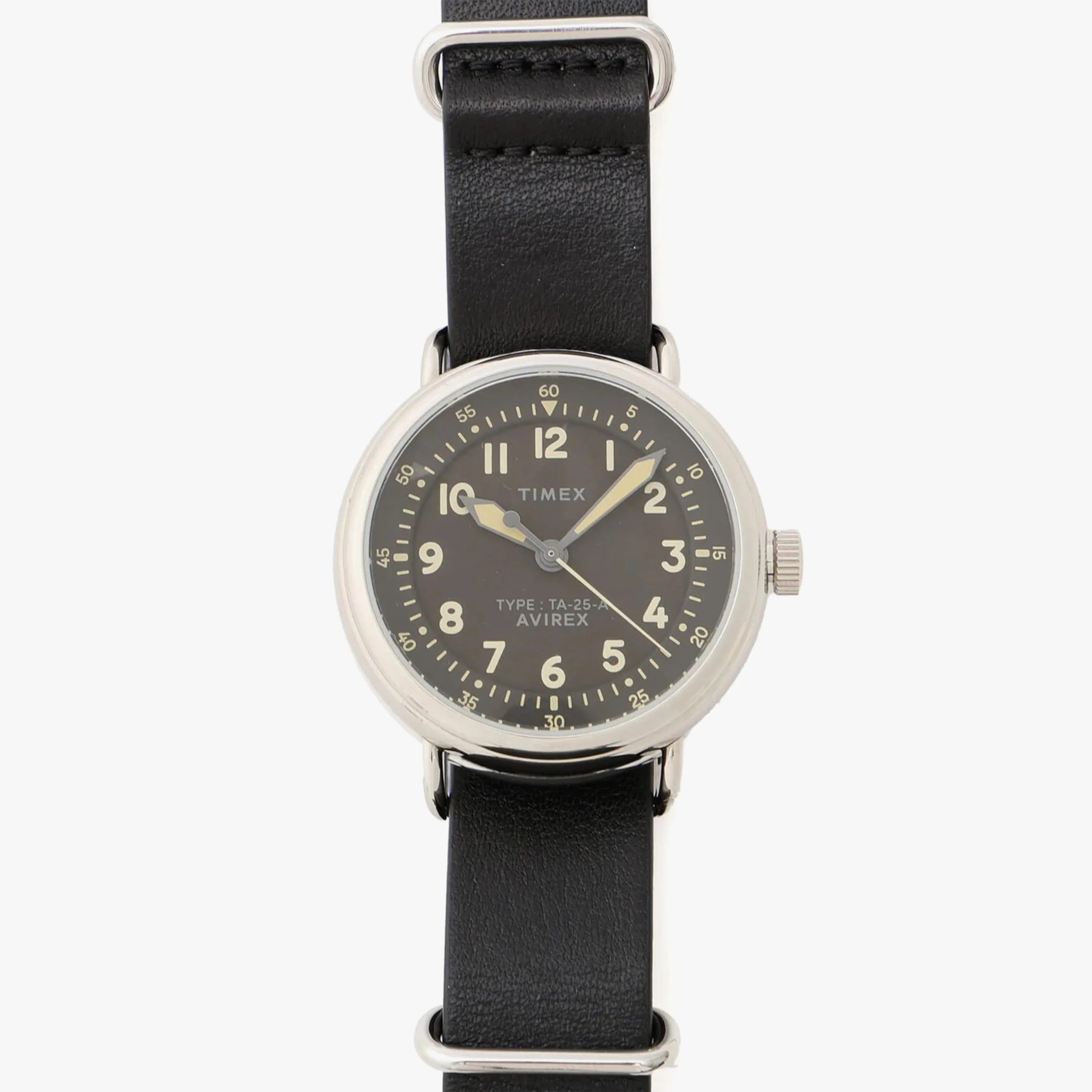 Round silver Timex wristwatch with black dial, beige numerals, and black leather strap.