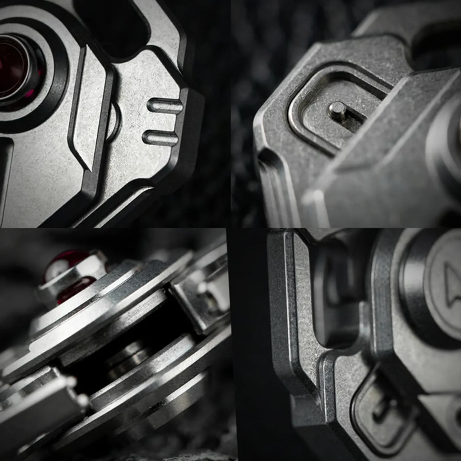 Close-up collage of a textured silver metal mechanical device with intricate parts and a red circular element.