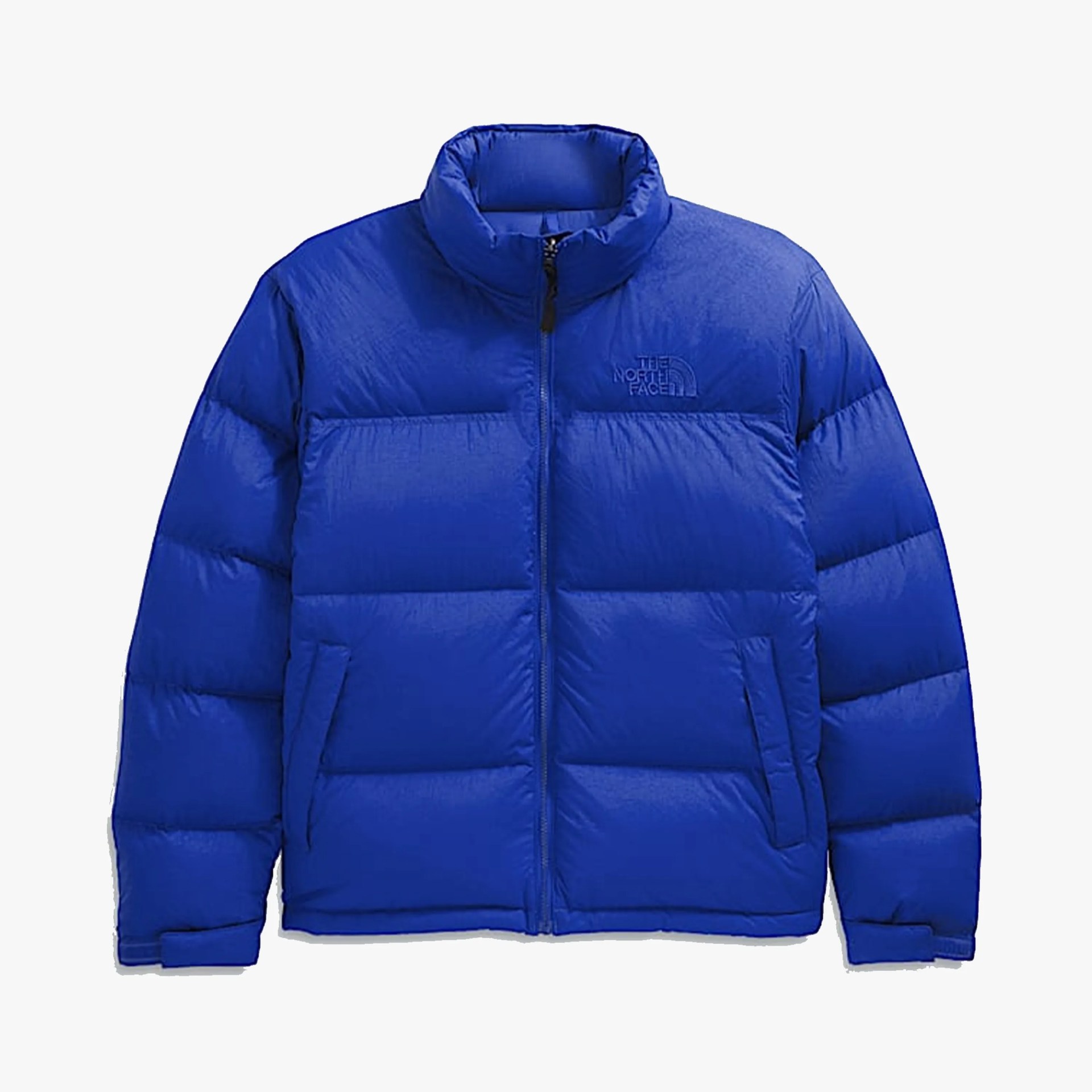 Blue puffer jacket with high collar and front zipper from The North Face.