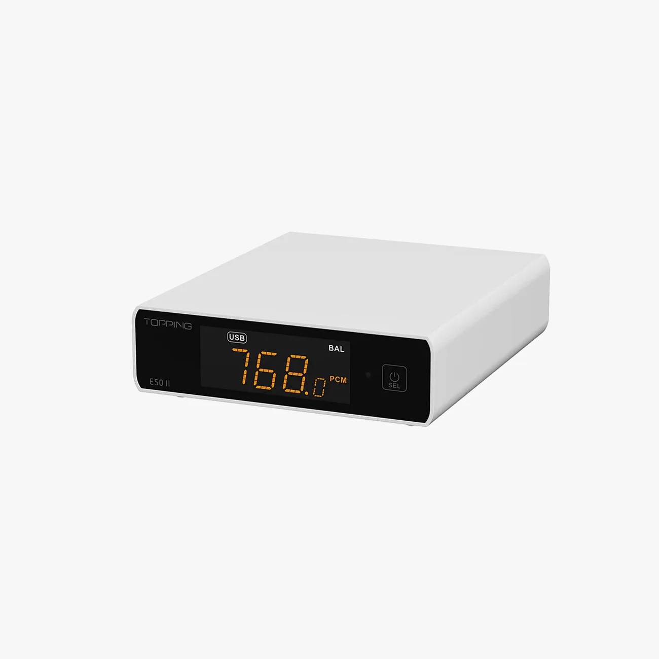 White Topping E50 II digital audio converter with black front panel and orange LED display.