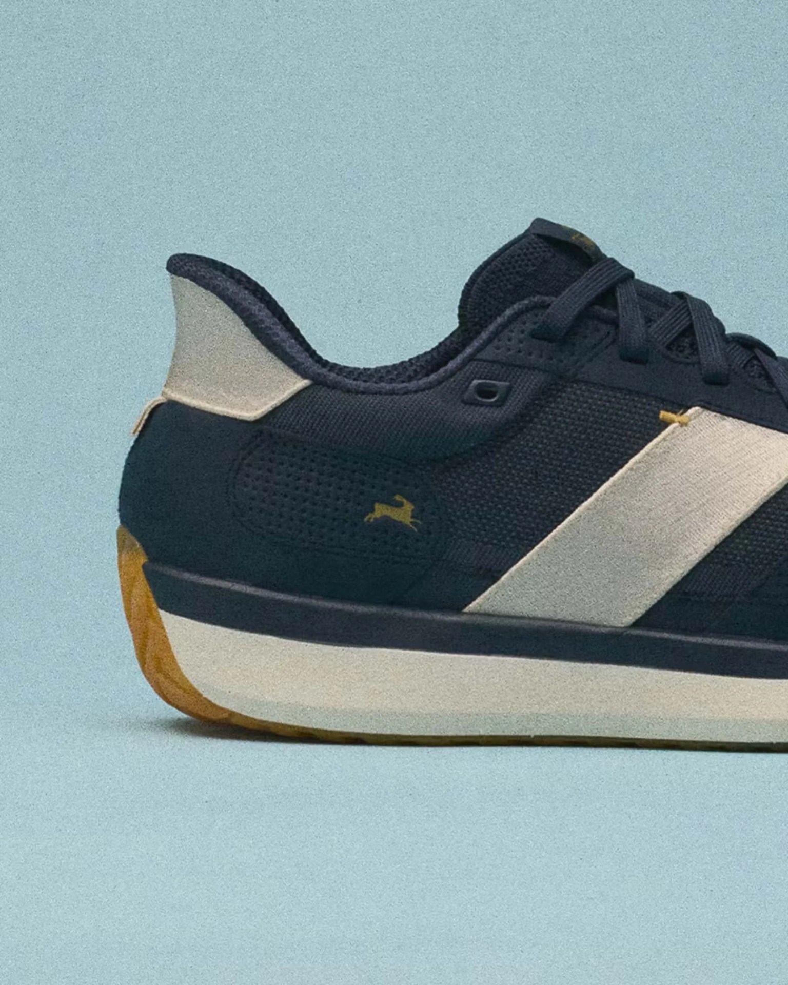 Navy blue sneaker with white diagonal stripe and gum sole on a light blue background.