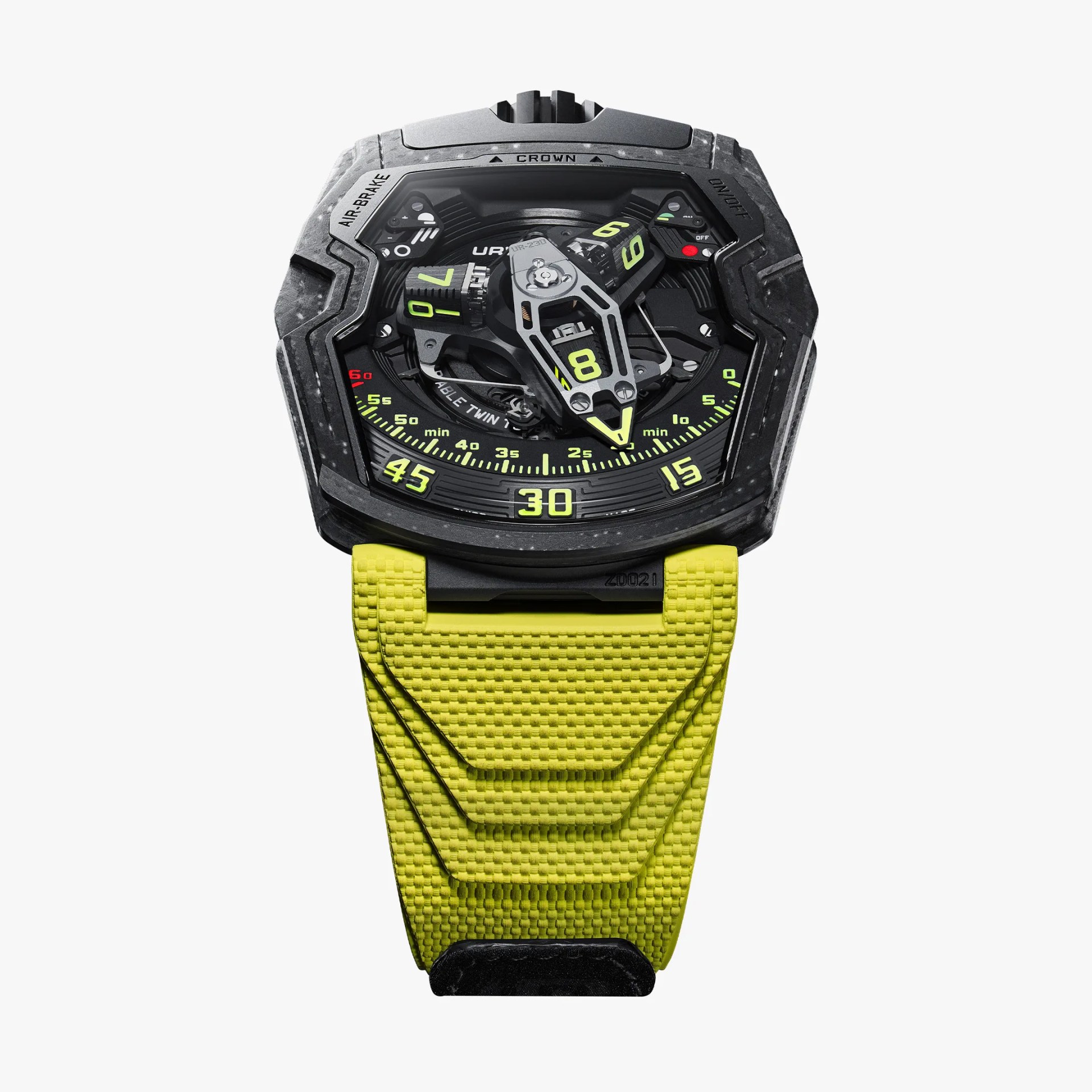 Black and gray futuristic wristwatch with neon yellow numerals and a textured neon yellow strap.