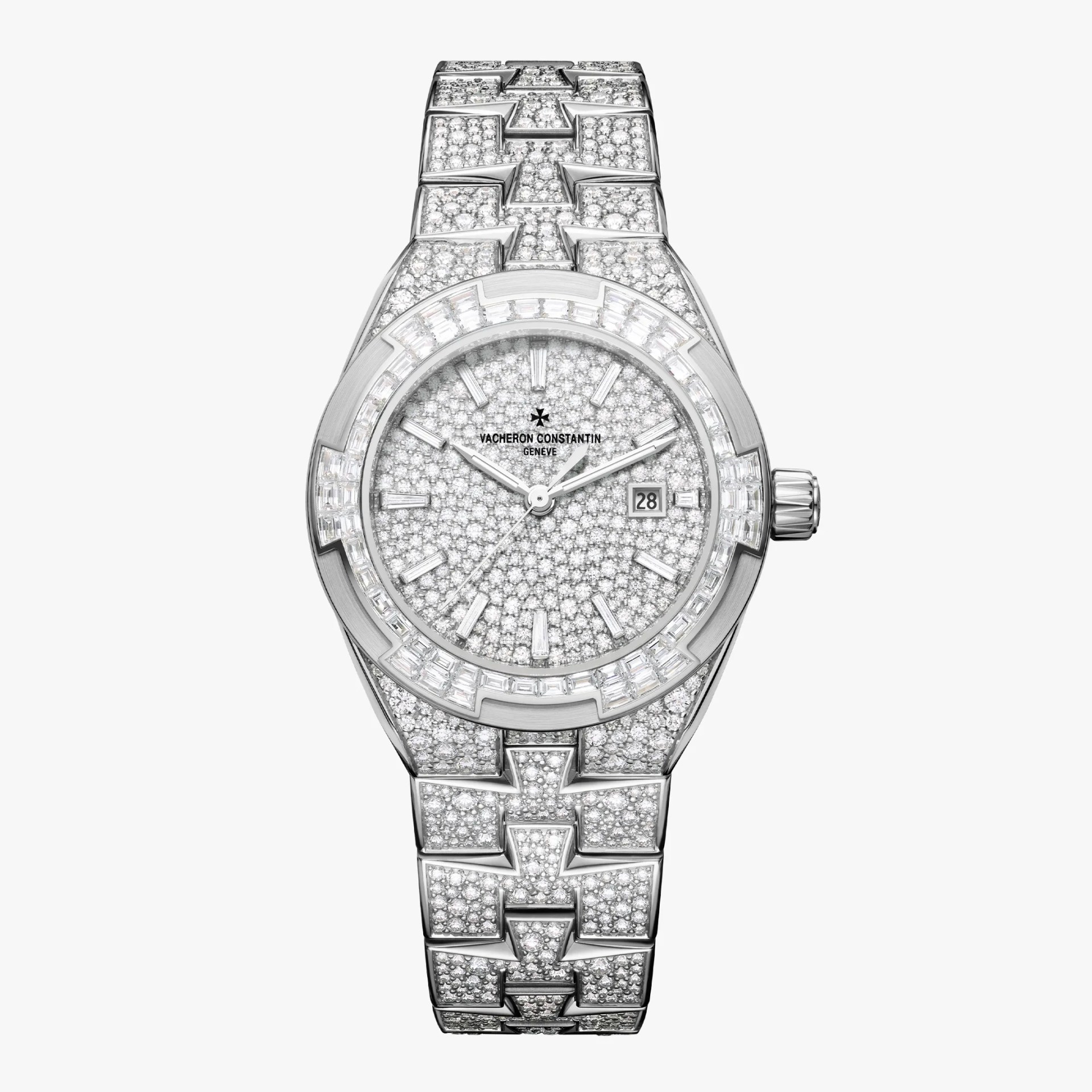 Silver Vacheron Constantin wristwatch fully encrusted with diamonds on the dial, bezel, and bracelet.