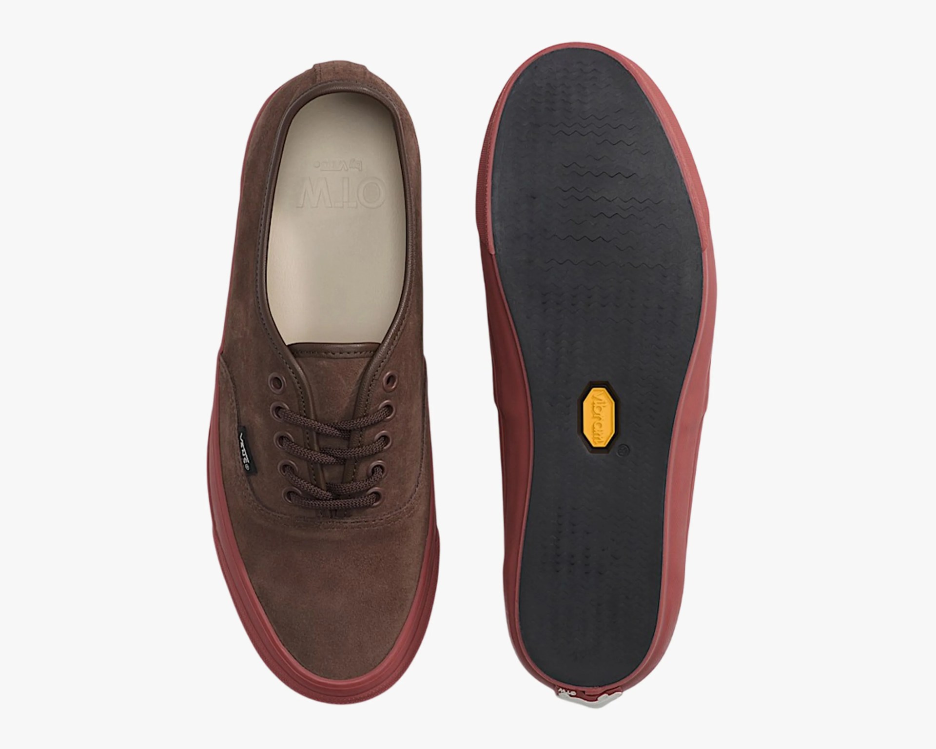 Pair of brown suede lace-up shoes with red rubber soles, one showing top view and the other showing black Vibram sole.