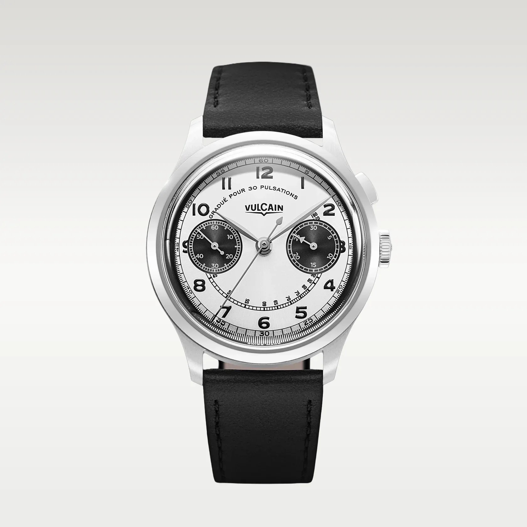 Silver Vulcain wristwatch with black leather strap, white dial, black subdials, and pulsation scale.
