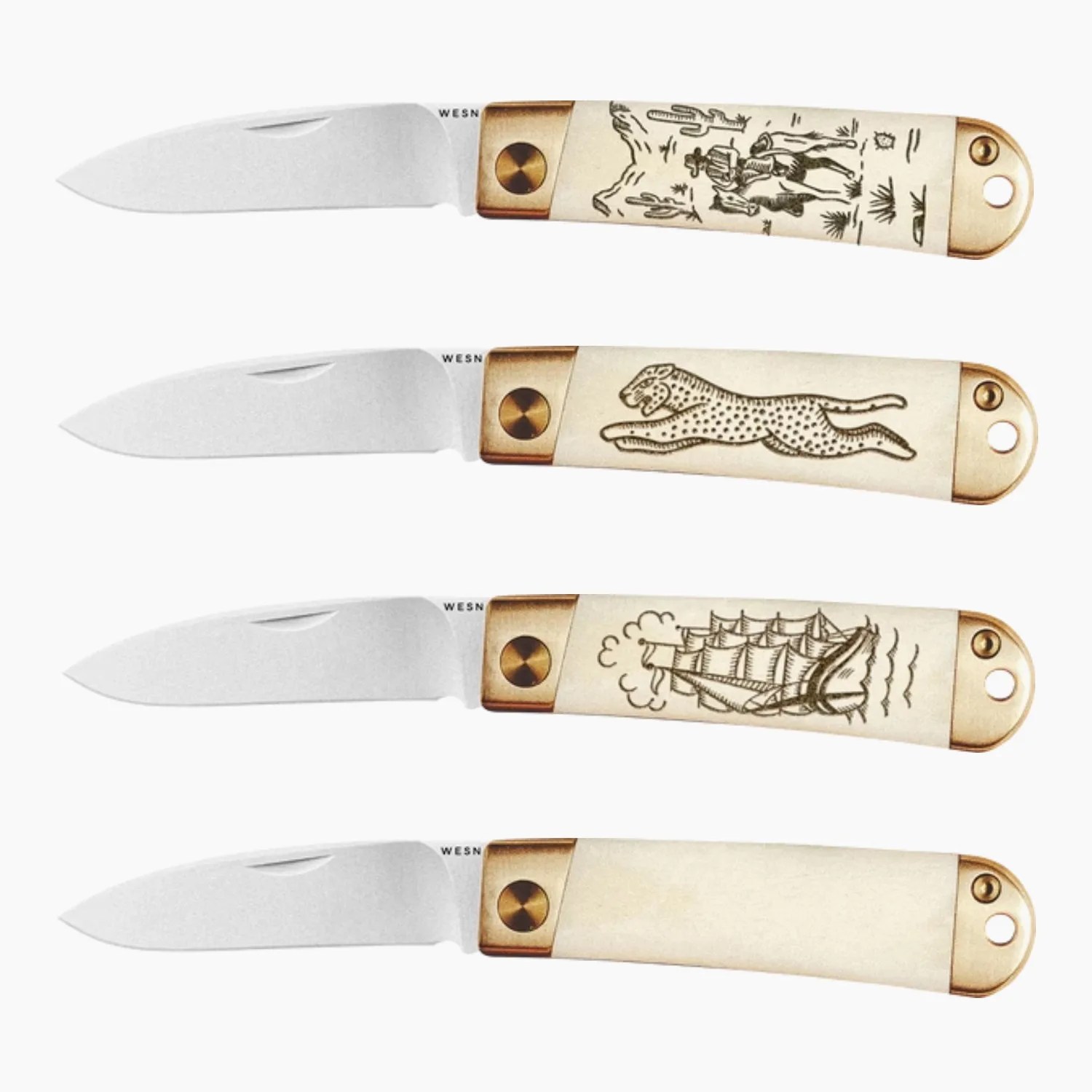 Four folding knives with white handles and brass bolsters, three featuring engraved designs of cowboys, a leopard, and a sailing ship.