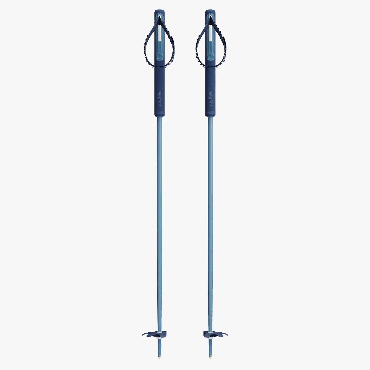 Pair of blue ski poles with adjustable straps and small baskets near the tips.