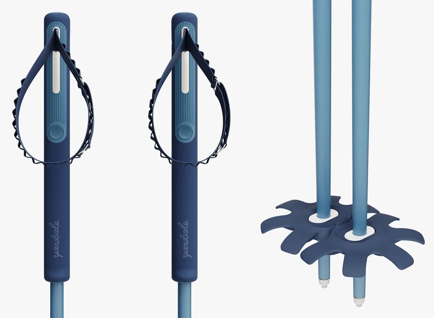 Pair of blue ski poles with ergonomic grips and adjustable wrist straps, featuring wide snow baskets near the tips.