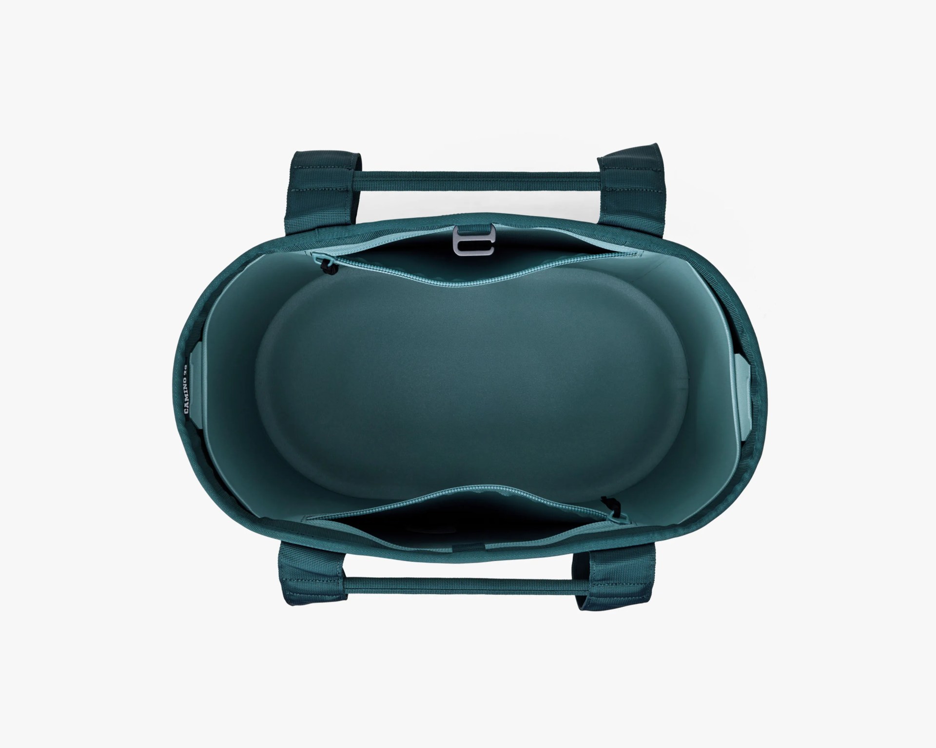 Top view of an empty teal tote bag with two handles and internal zippered pockets.