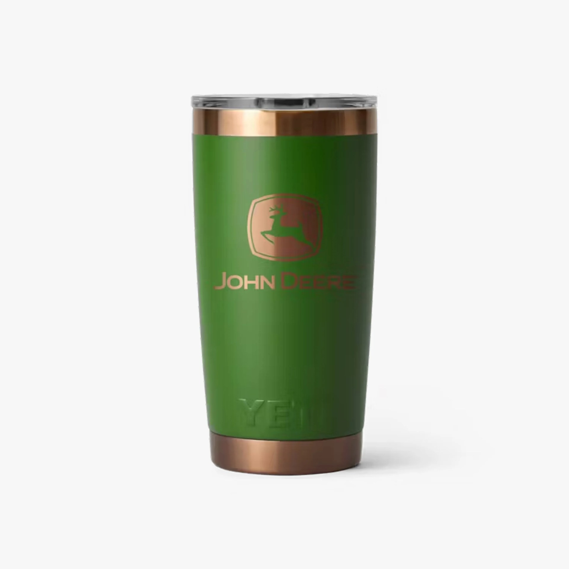 Green Yeti tumbler with copper-colored rim and base, featuring John Deere logo in copper.