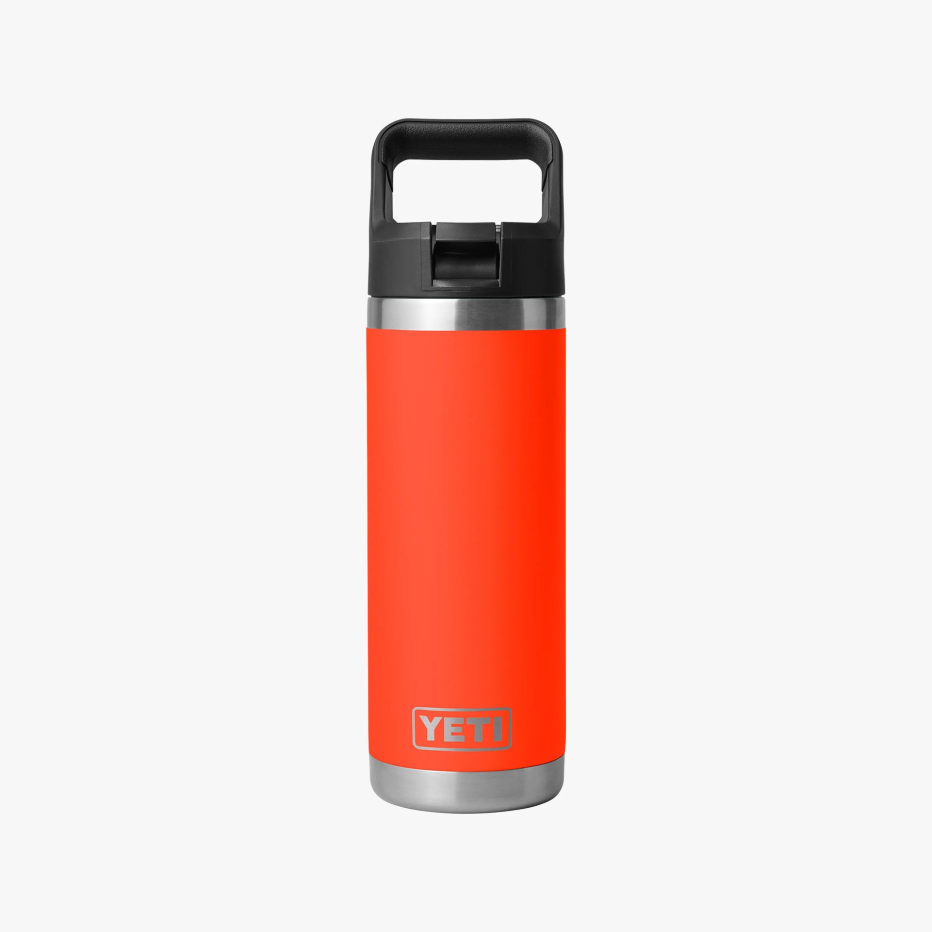 Orange stainless steel YETI water bottle with black handle lid.
