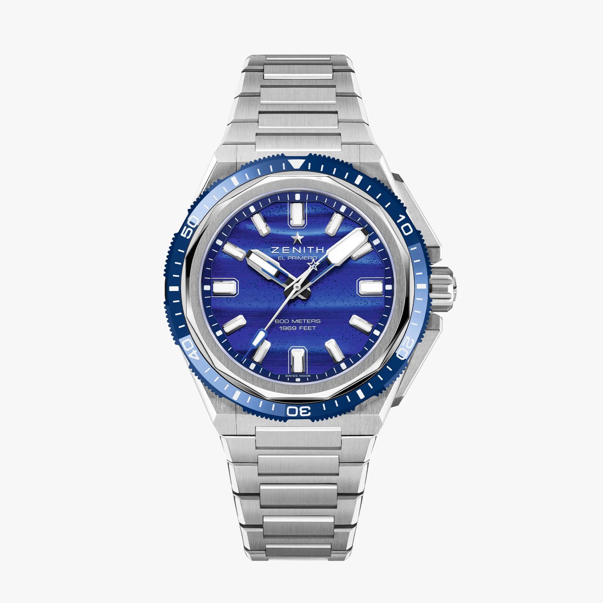 Stainless steel Zenith El Primero watch with blue textured dial and rotating blue bezel.