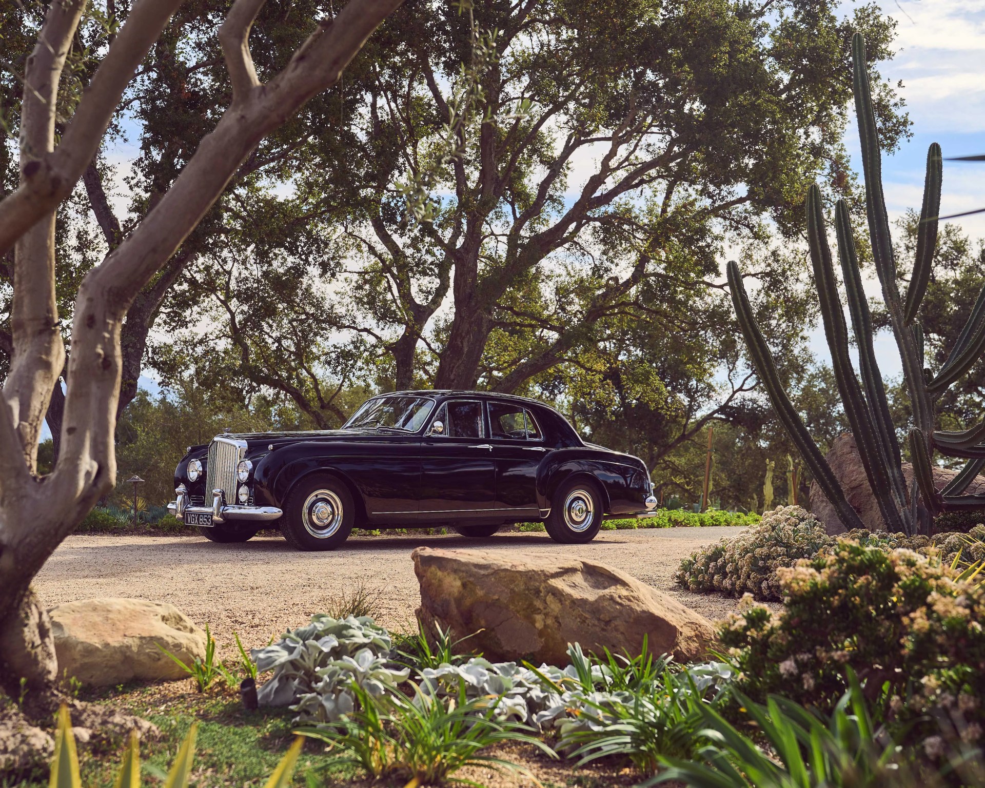 Black vintage luxury car parked on a gravel path surrounded by trees and desert plants.