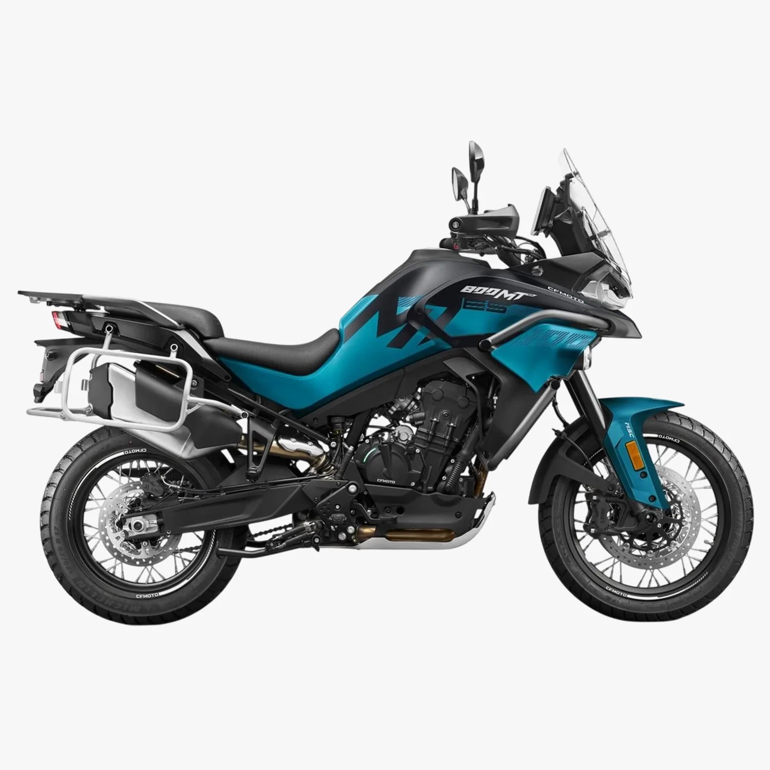 Blue and black CFMOTO 800MT adventure motorcycle with luggage rack and windshield.