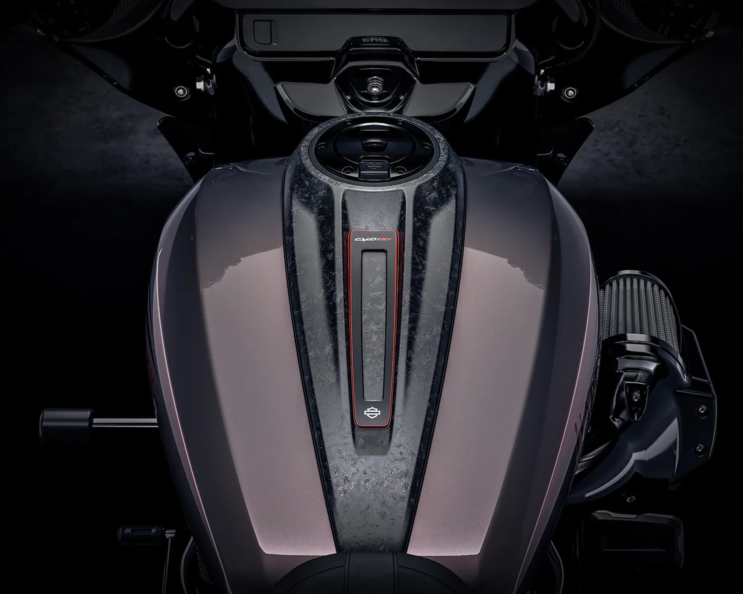 Glossy dark gray motorcycle fuel tank with a textured black center strip labeled "CVO 117" and a Harley-Davidson logo.