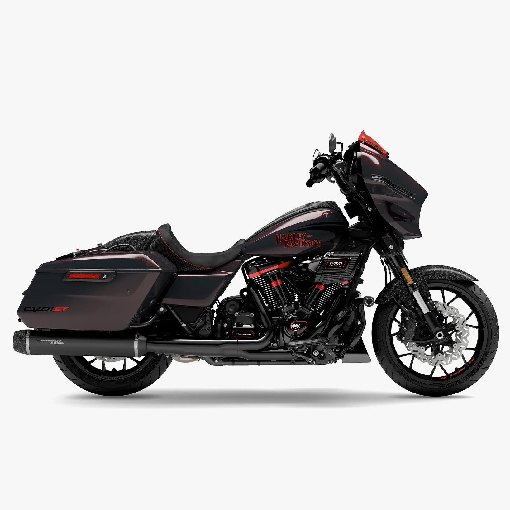 Black and red Harley-Davidson CVO ST motorcycle with saddlebags and a front fairing.