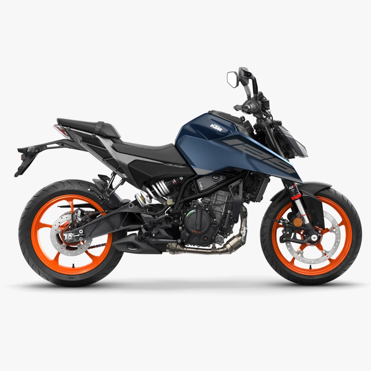 Blue KTM 125 Duke motorcycle with orange wheels and black frame on a white background.