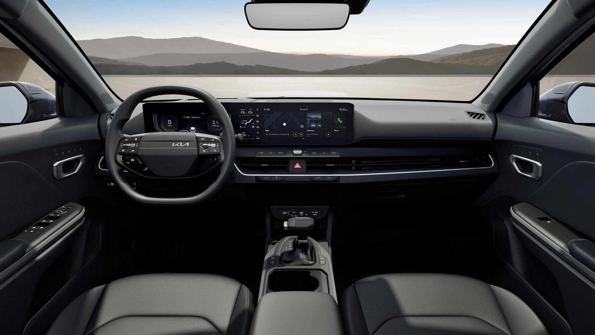 Modern car interior with black leather seats, digital dashboard, touchscreen display, and center console gear shift.