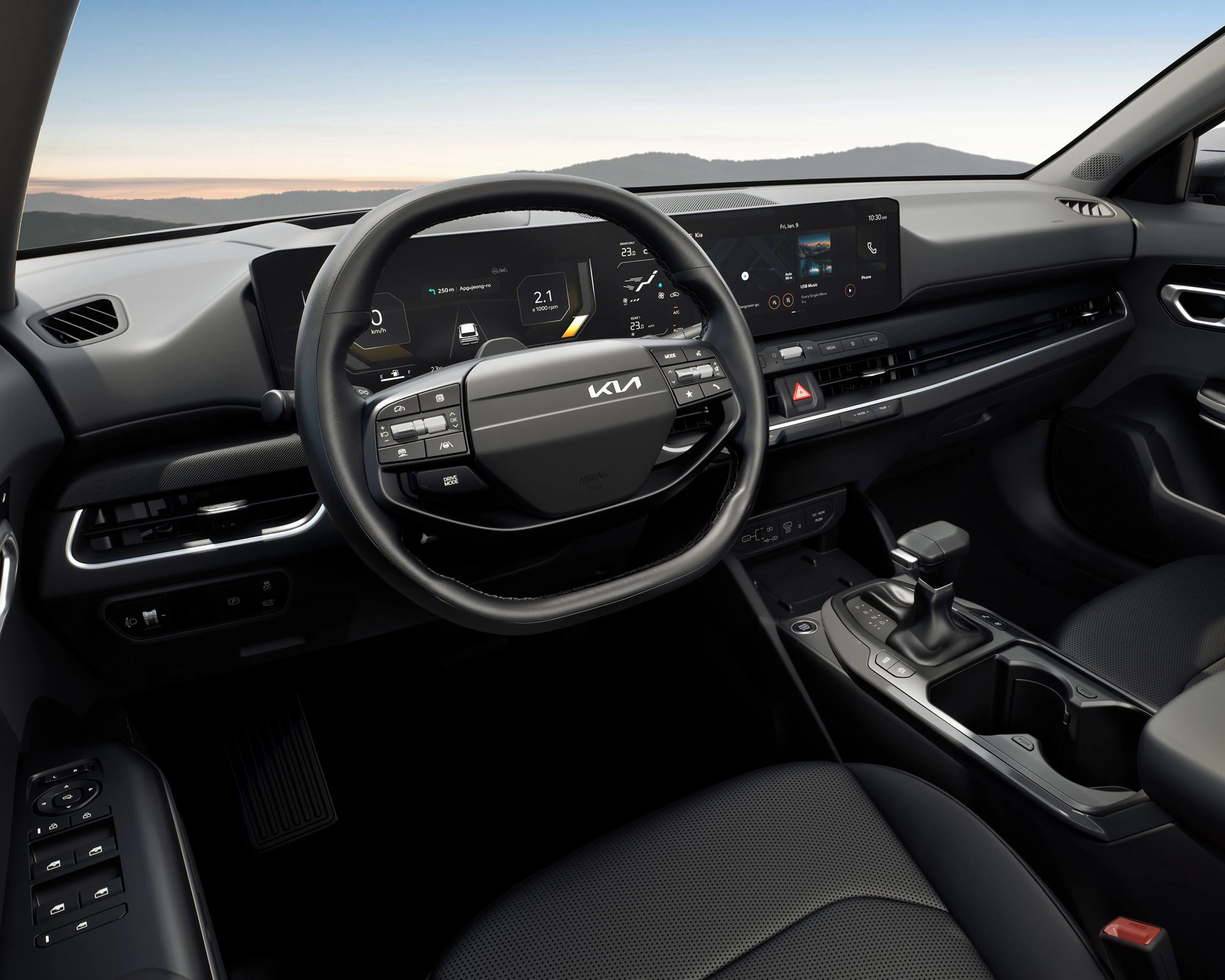 Black leather-wrapped steering wheel and digital dashboard inside a modern Kia car interior.