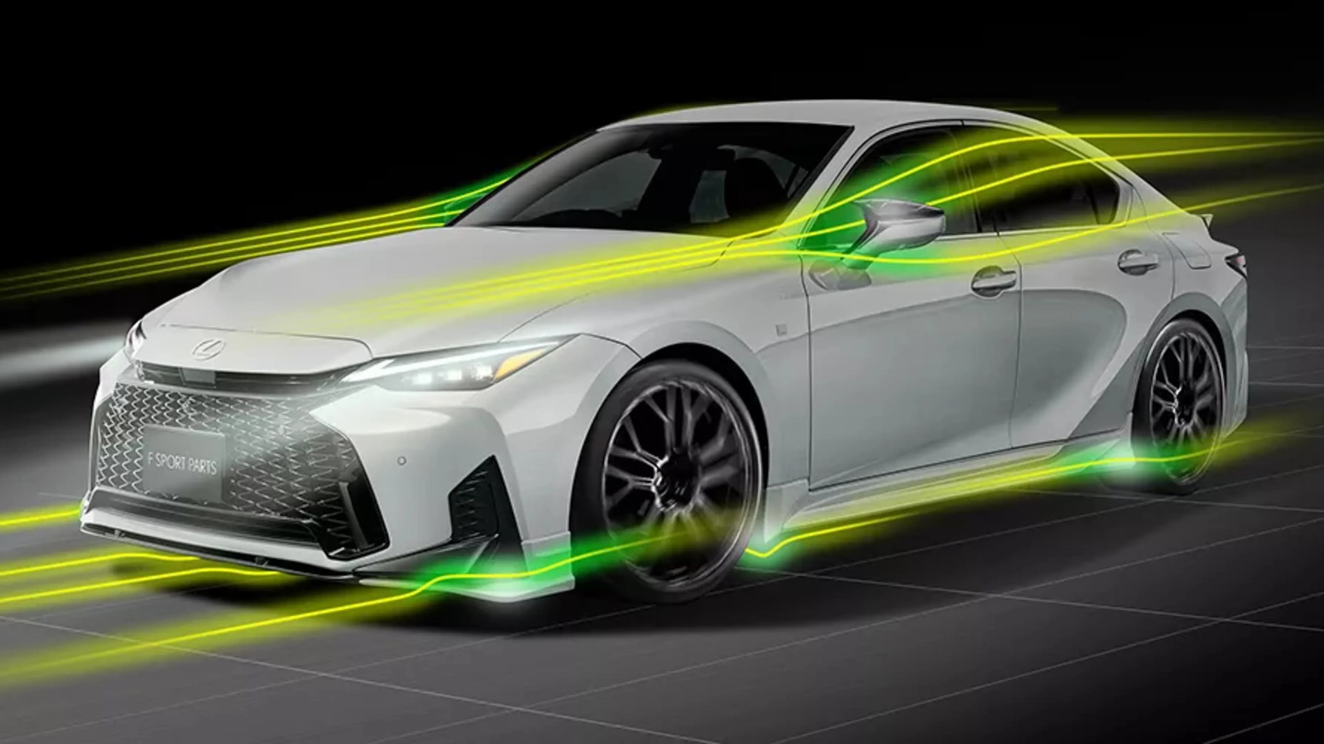 White Lexus sedan with aerodynamic airflow lines in green and yellow around the body.