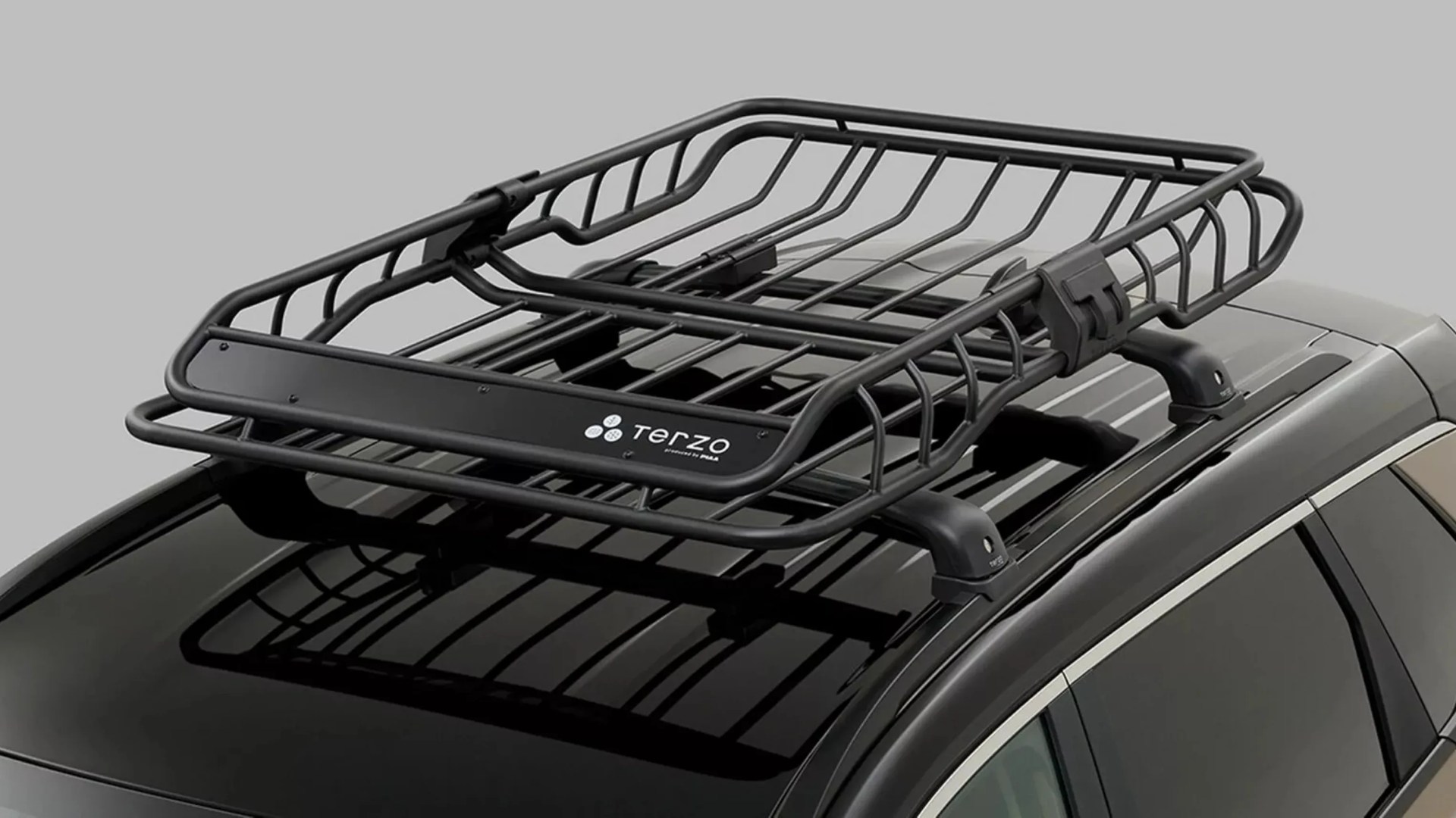 Black metal Terzo roof cargo basket mounted on a gray car roof with crossbars.