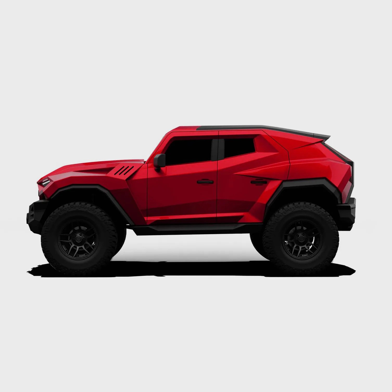 Red angular off-road SUV with black wheels and tinted windows on a white background.