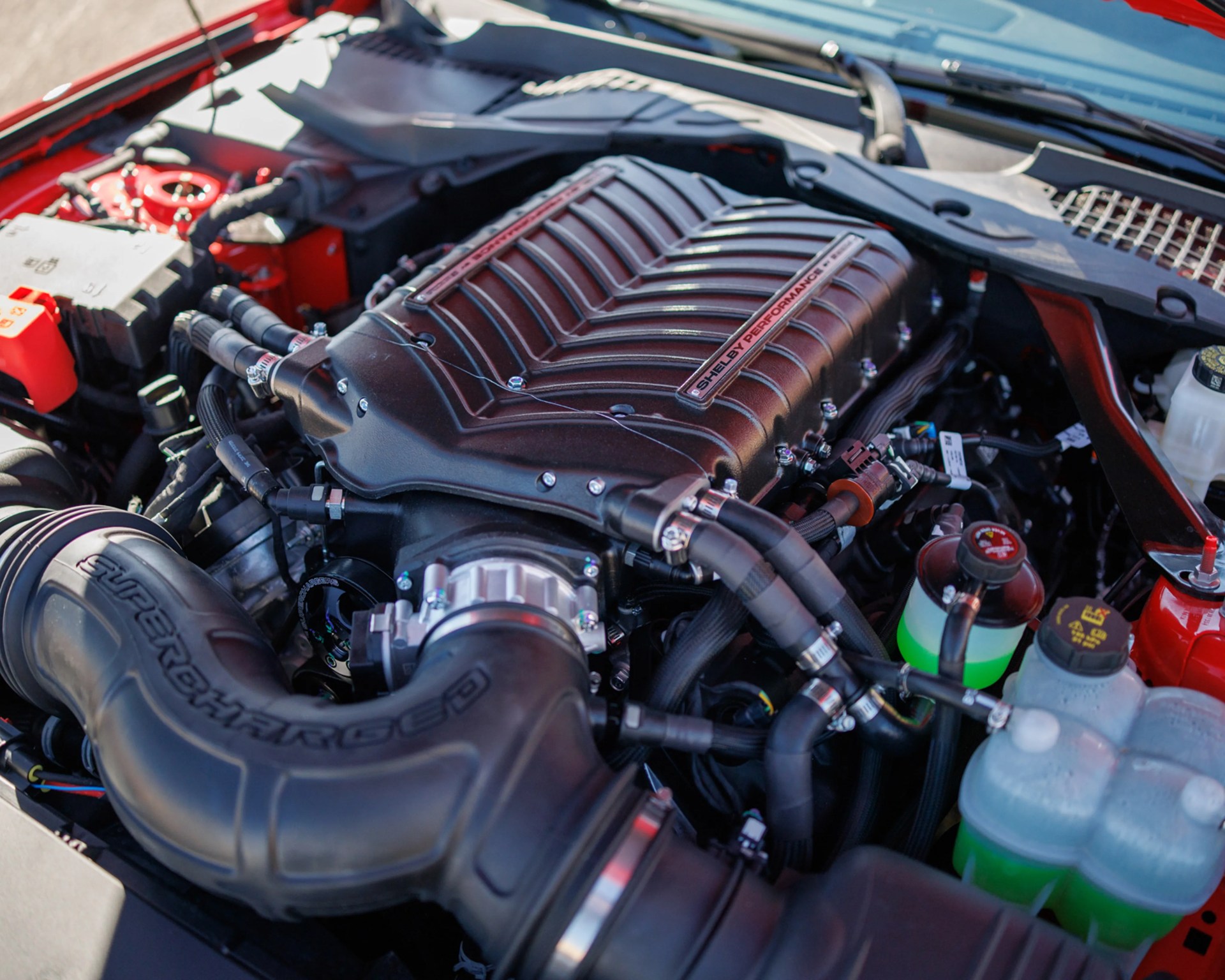 Close-up of a black Shelby Performance supercharger installed in a red car engine bay.