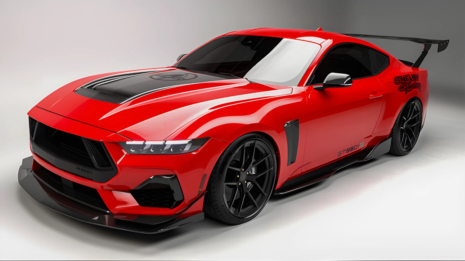 Red Shelby GT350 sports car with black hood, black aerodynamic front splitter, large rear wing, and black wheels on a white background.