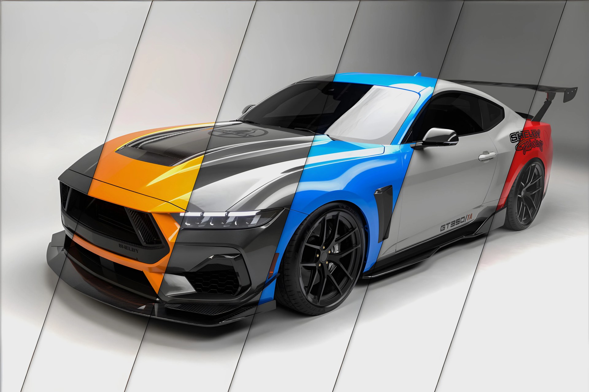 Shelby GT350/TA sports car with a split-color design featuring orange, black, blue, white, and red sections.