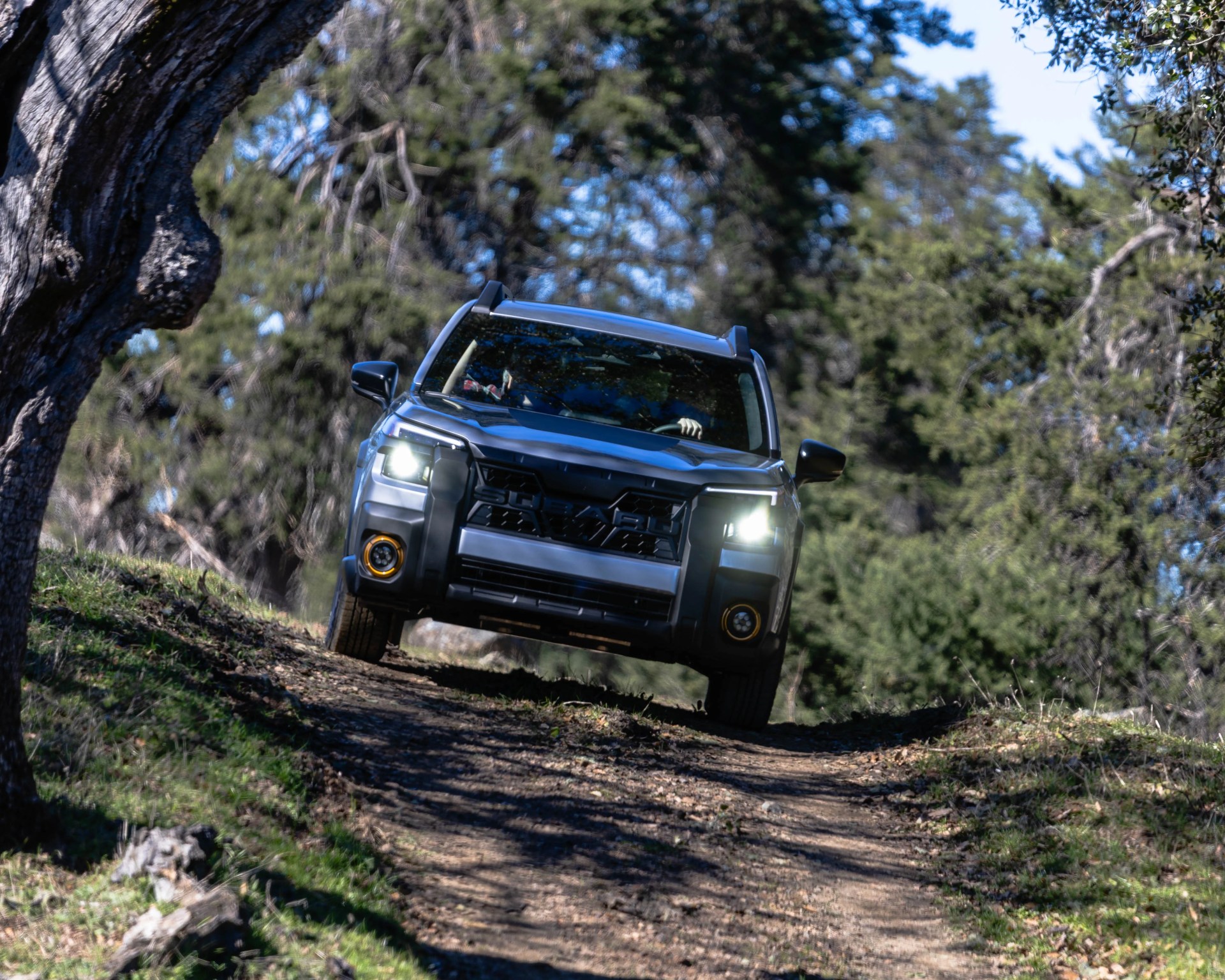 Front view of a dark Subaru SUV with headlights on driving on a dirt trail in a forested area.