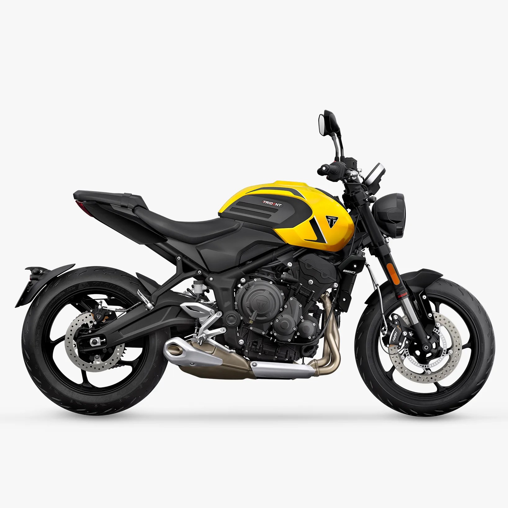 Yellow and black Triumph Trident 660 motorcycle with exposed engine and black wheels on a white background.