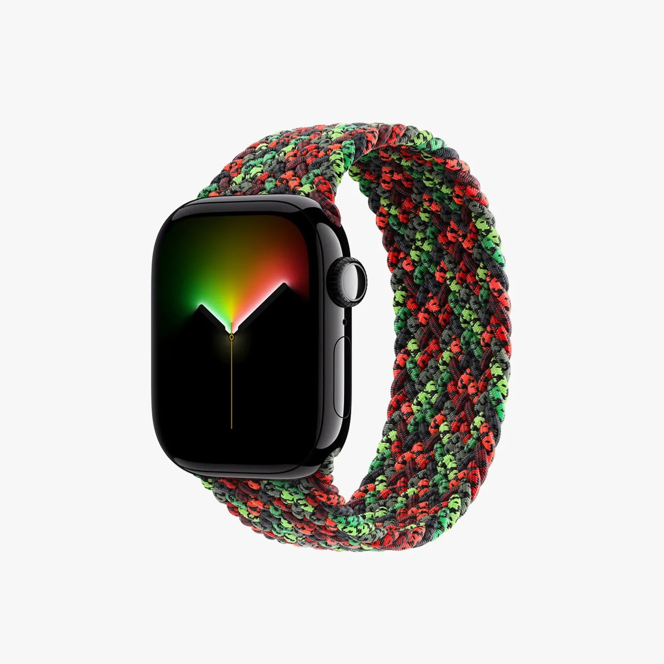 Black smartwatch with a braided loop band in red, green, and black colors.