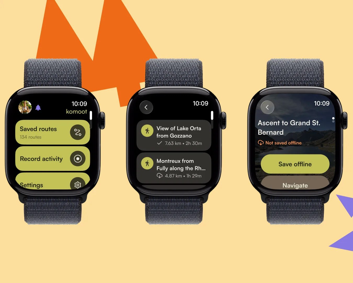 Three smartwatches with dark fabric bands displaying a hiking app interface on a yellow background.