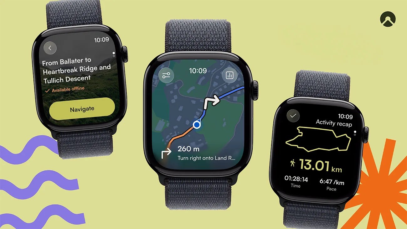 Three black smartwatches with dark fabric straps displaying navigation, map, and activity recap screens on a light green background.